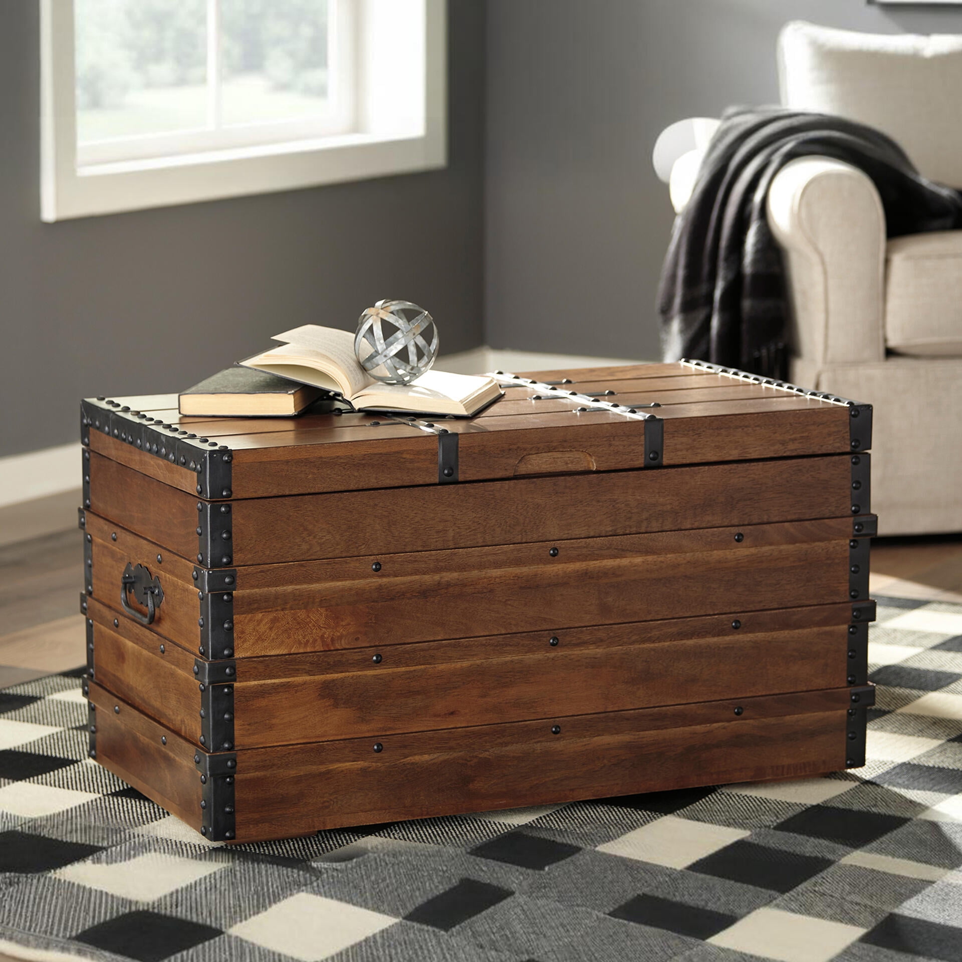 Signature Design by Ashley Kettleby Rustic Storage Trunk Coffee Table with Hinged Top - Brown Wood Finish