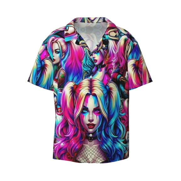 Harley-Quinn Men's Cuban Guayabera Shirt Short Sleeve Button Down Beach Shirts Casual Summer Print Hawaiian Shirts Small