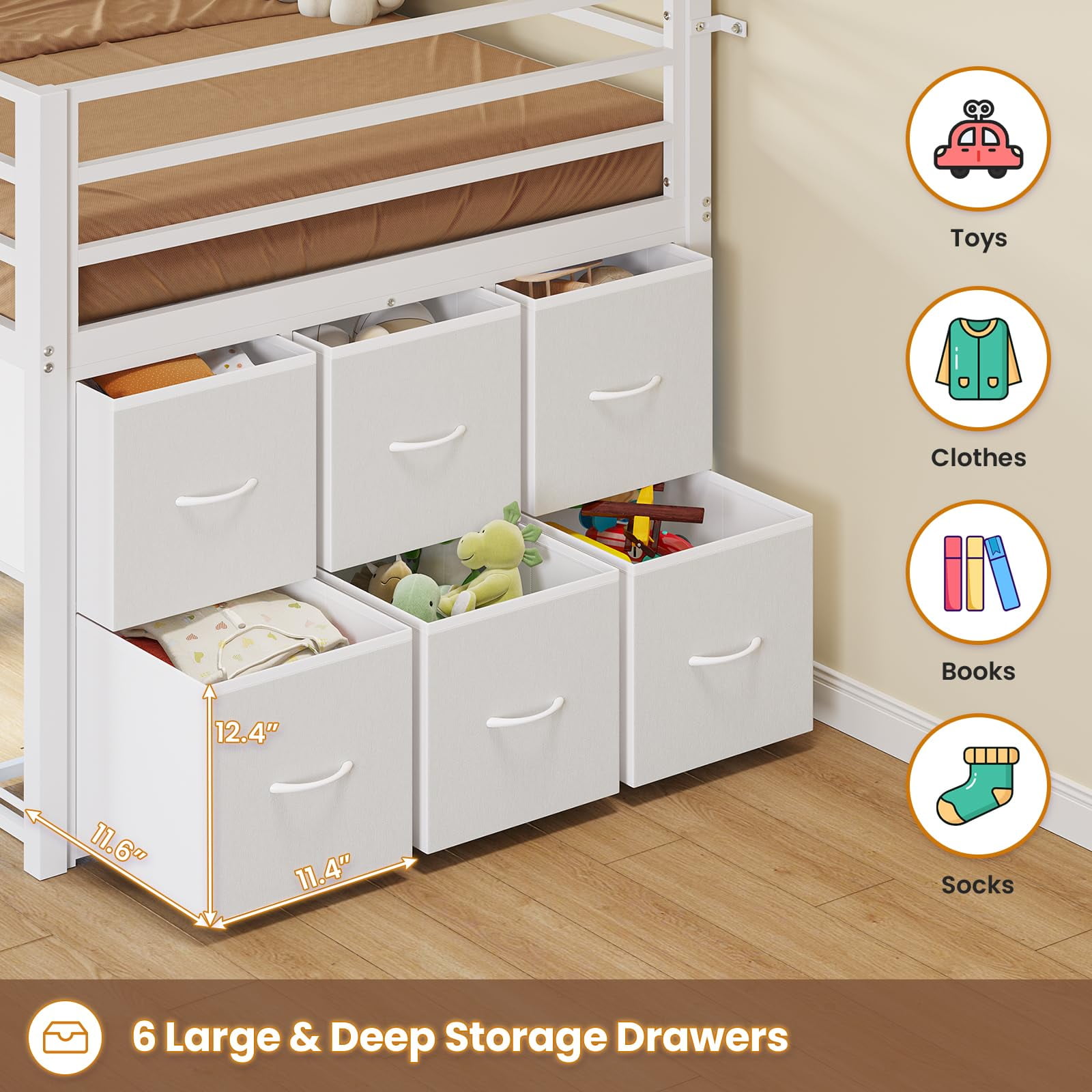 Twin Size Loft Bed with 6 Fabric Drawers and Storage Shelves, with LED Lights,Modern Low Loft Bed,No Box Spring Needed,Sturdy ,White / Black /Pink