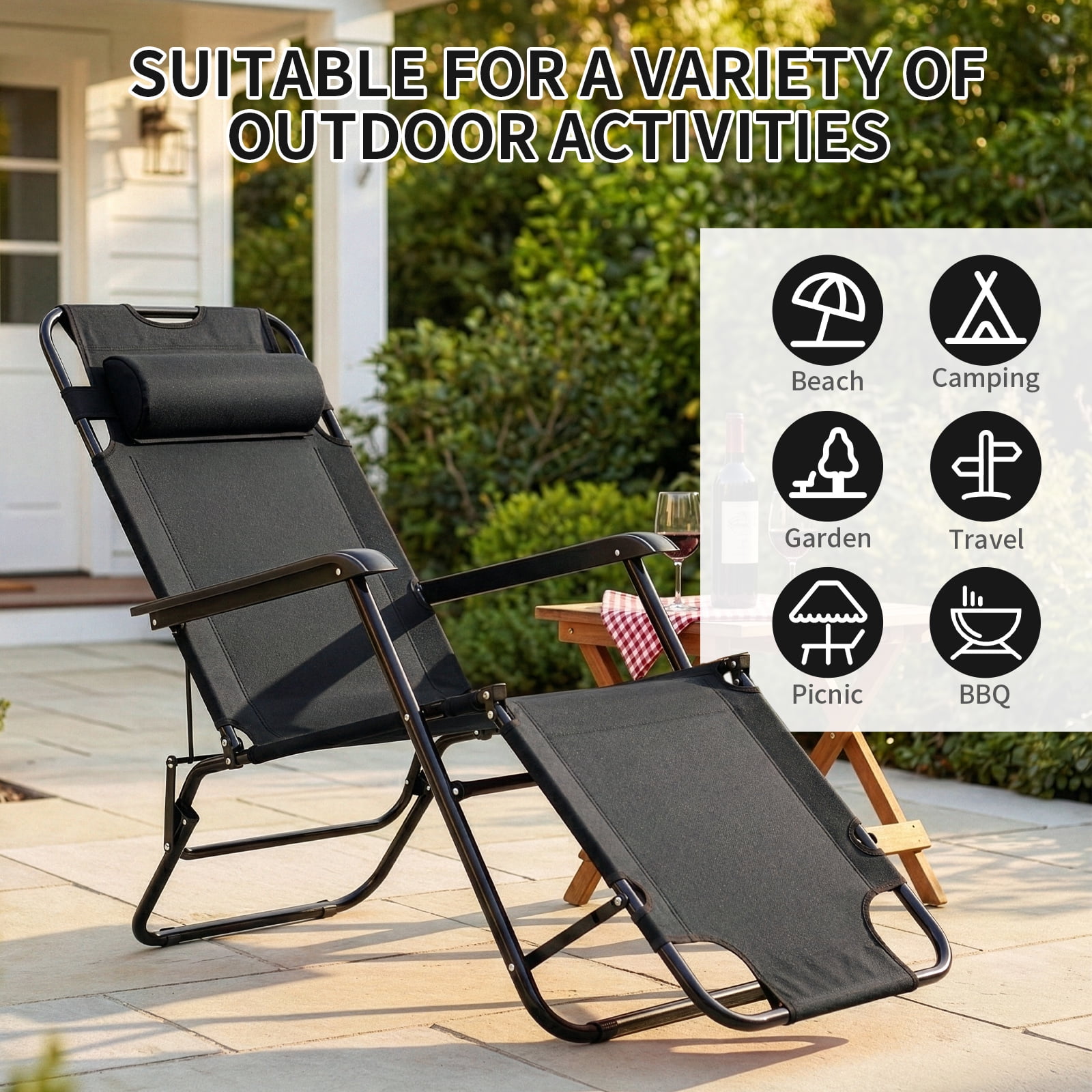 UBesGoo 2-Position Adjustable Backrest Chaise Chair, Lightweight Tanning Chair with Pillow, Sun Recliner for Indoor Outdoor - Black