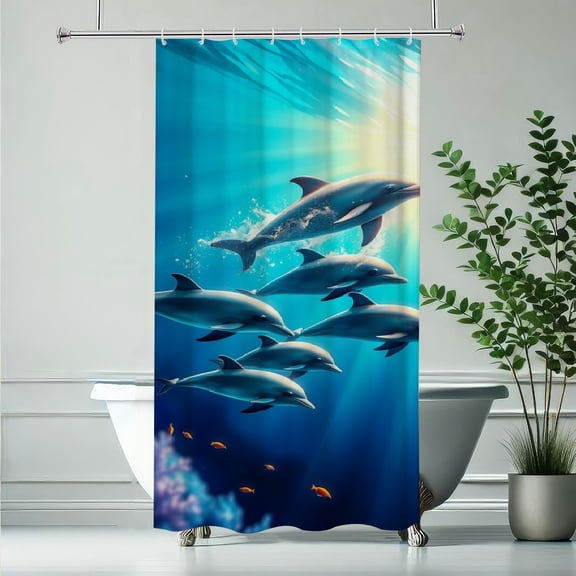 RKSupls Waterproof Shower Curtain, Dolphin Pod Ocean Sunburst Polyester Shower Curtain with Hooks for Chic Elegant Home Bathtub Bathroom Decor Washable Curtains