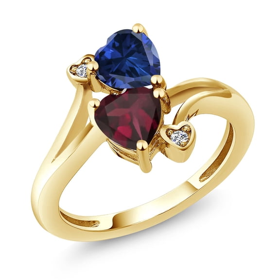 Gem Stone King 18K Yellow Gold Plated Silver Blue Created Sapphire Red Rhodolite Garnet and White Moissanite Ring for Women (1.55 Cttw, Heart Shape 6MM, Gemstone Birthstone, Size 7)
