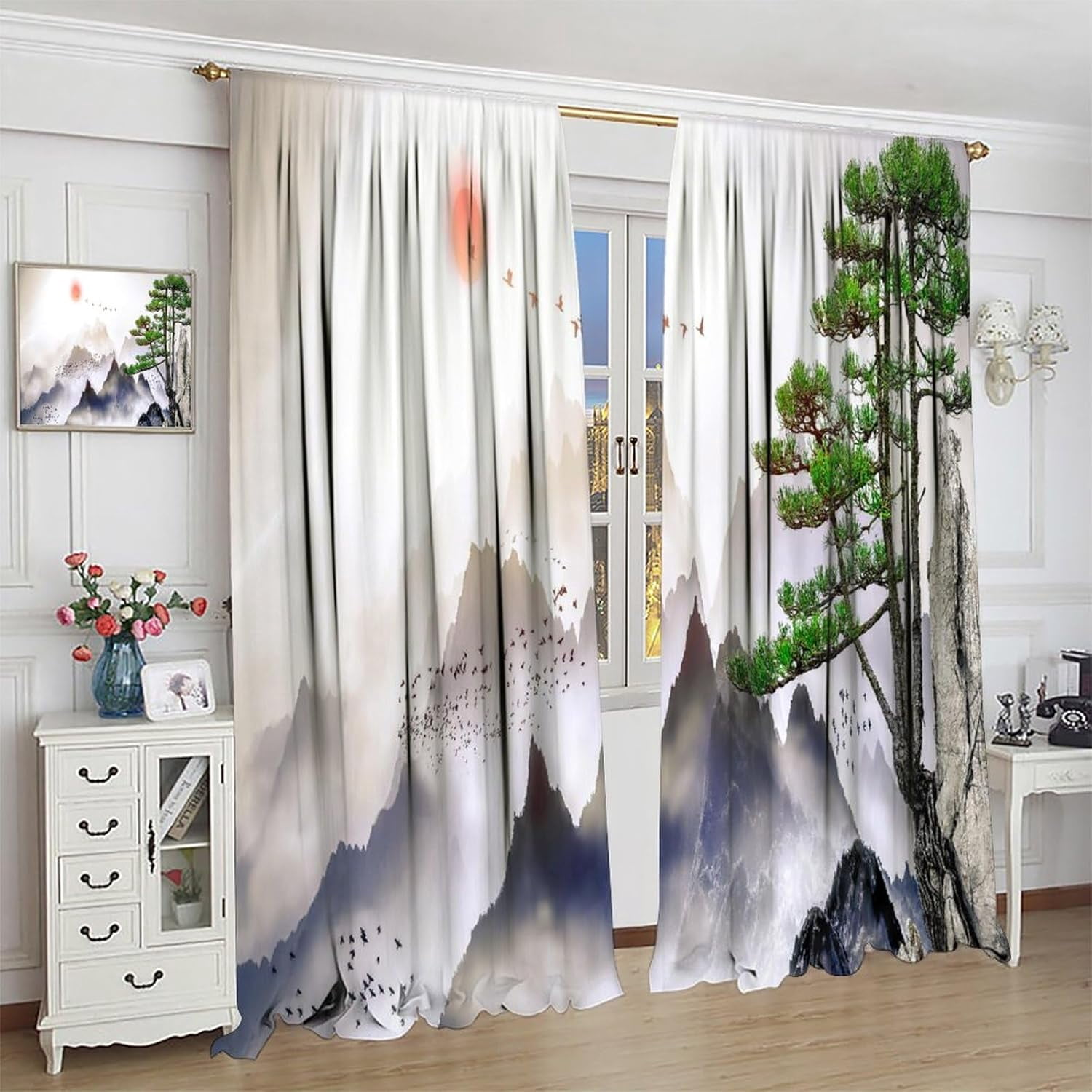 Asian Kitchen Curtains Traditional Chinese Ink Landscape Painting Green Branches and Animal Birds for Living Room Bedroom Blackout Privacy Noise Reduction Curtains 42x63 Inches 2 Panels