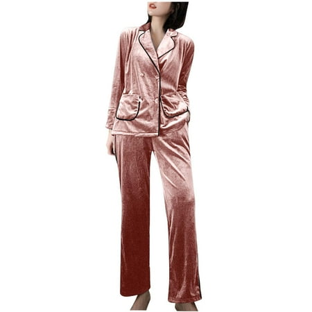 

Womens Velvet Pajamas Set Two-piece Pj Sets Long Sleeve Sleepwear Notch Collar Button-Down Loungewear Pj Set with Two Front Pockets