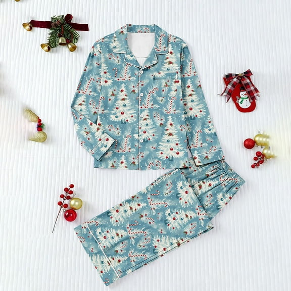 Puyaiuu Women 2 Piece Christmas Satin Pajama Set Cute Print Long Shirt Loose Shorts Matching Set wear Gift