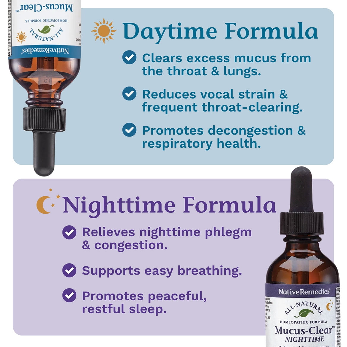 Native Remedies Mucus-Clear ComboPack - 24-Hour Day & Night Mucus Relief - Clears Throat Phlegm, Sinus Pressure & Respiratory Congestion - Fast Acting Lung Support - 4 Fl Oz, 2 Pack