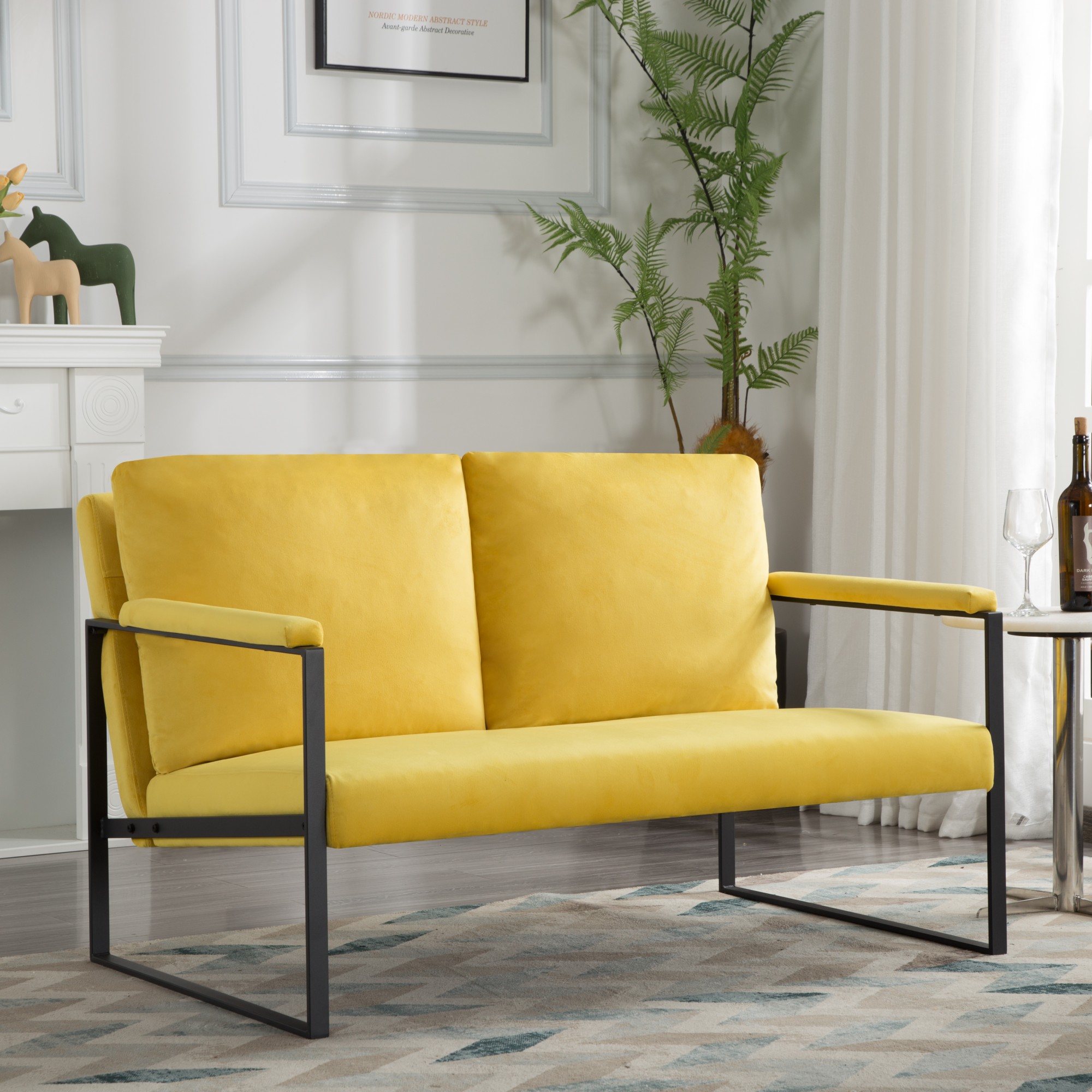 Gewnee Yellow 49.2" Metal Frame Loveseat Velvet Upholstered Sofa for Living Room Bedroom