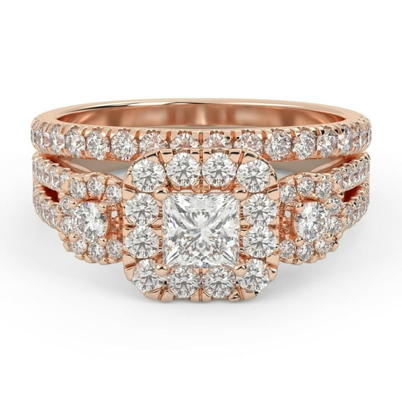 AFFY Center 4MM Princess Cut Lab Created Moissanite Three Stone Halo Engagement Wedding Bridal Set Ring for Women In 10K Solid Rose Gold Size 10