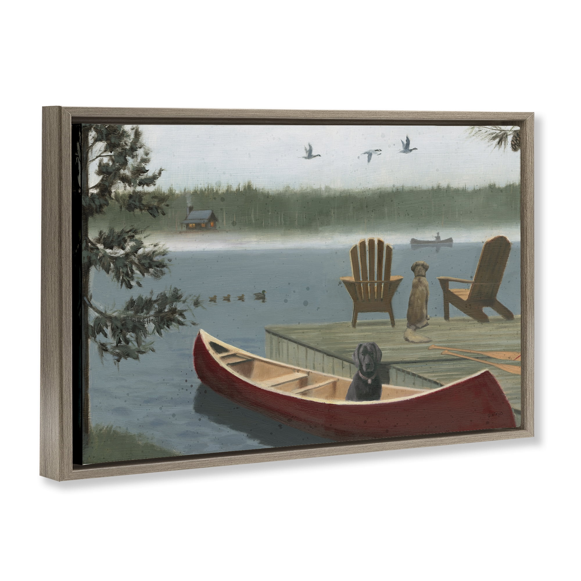 Stupell Industries Dogs on Lake Dock Landscape & Nature Painting Brown Floater Framed Canvas Art Print Wall Art, 31 x 21