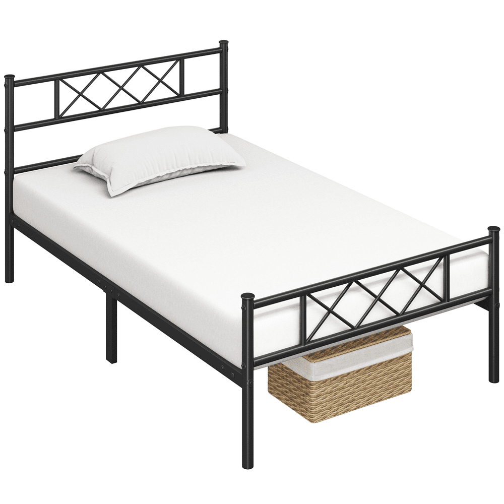 Yaheetech Black Metal Platform Twin Bed with X Design Headboard and Footboard