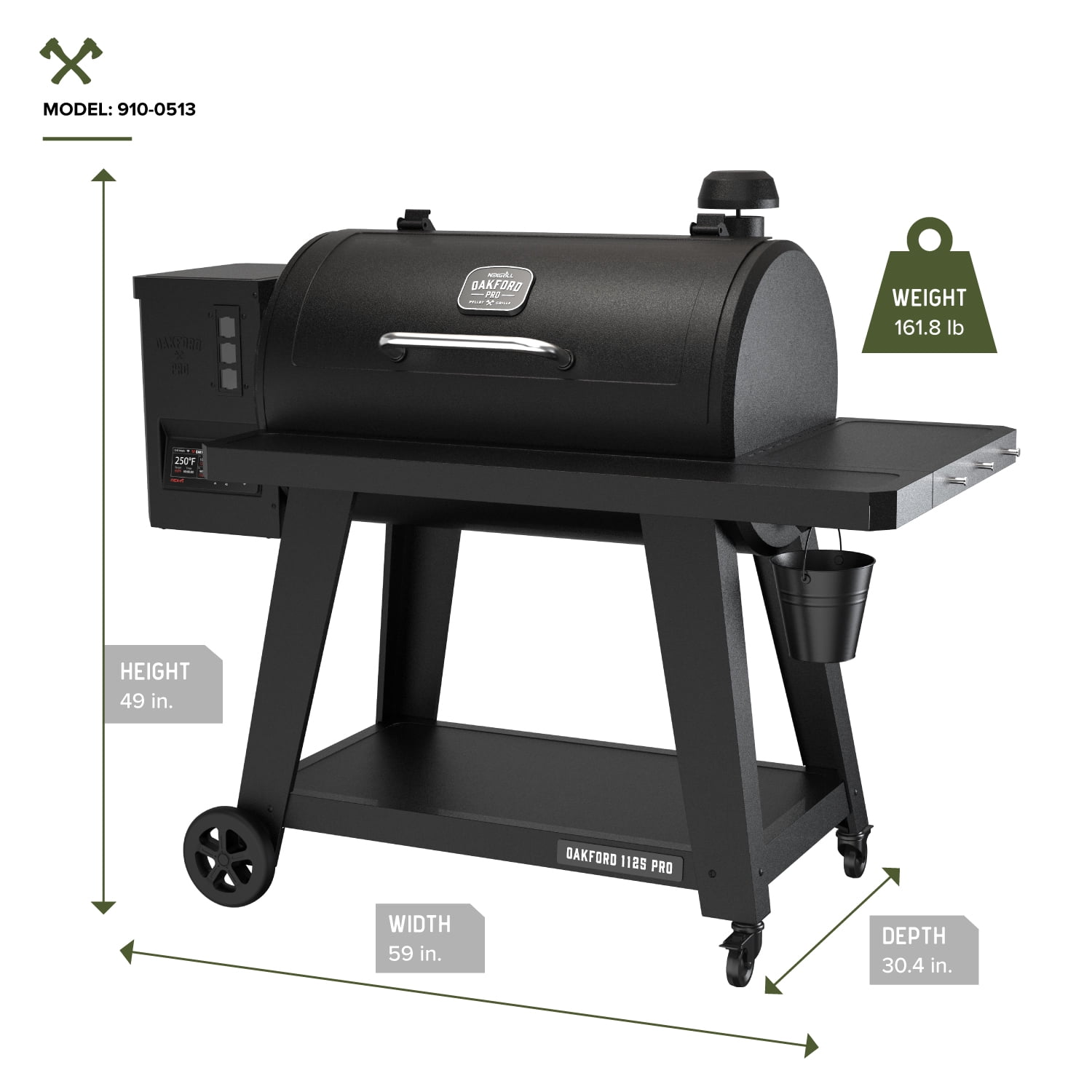 Oakford 1125 Pro Pellet Gril with 1069 SQ In Cooking Area, Cast Iron Grates, I-Site View Indicator, Heavy Duty Pellet Smoker Grill with Bluetooth Connectivity - 910-0513