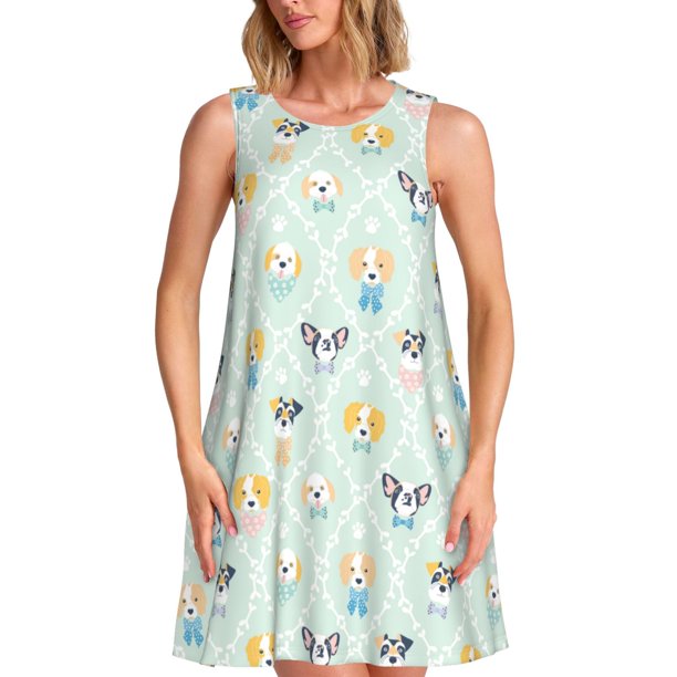 Fotbe Different Breeds of Dogs Vestido de Verano sin Mangas para Mujer – Vestido Midi Línea A, Estilo Camiseta Floral, Vestido Playero Casual y Fluido