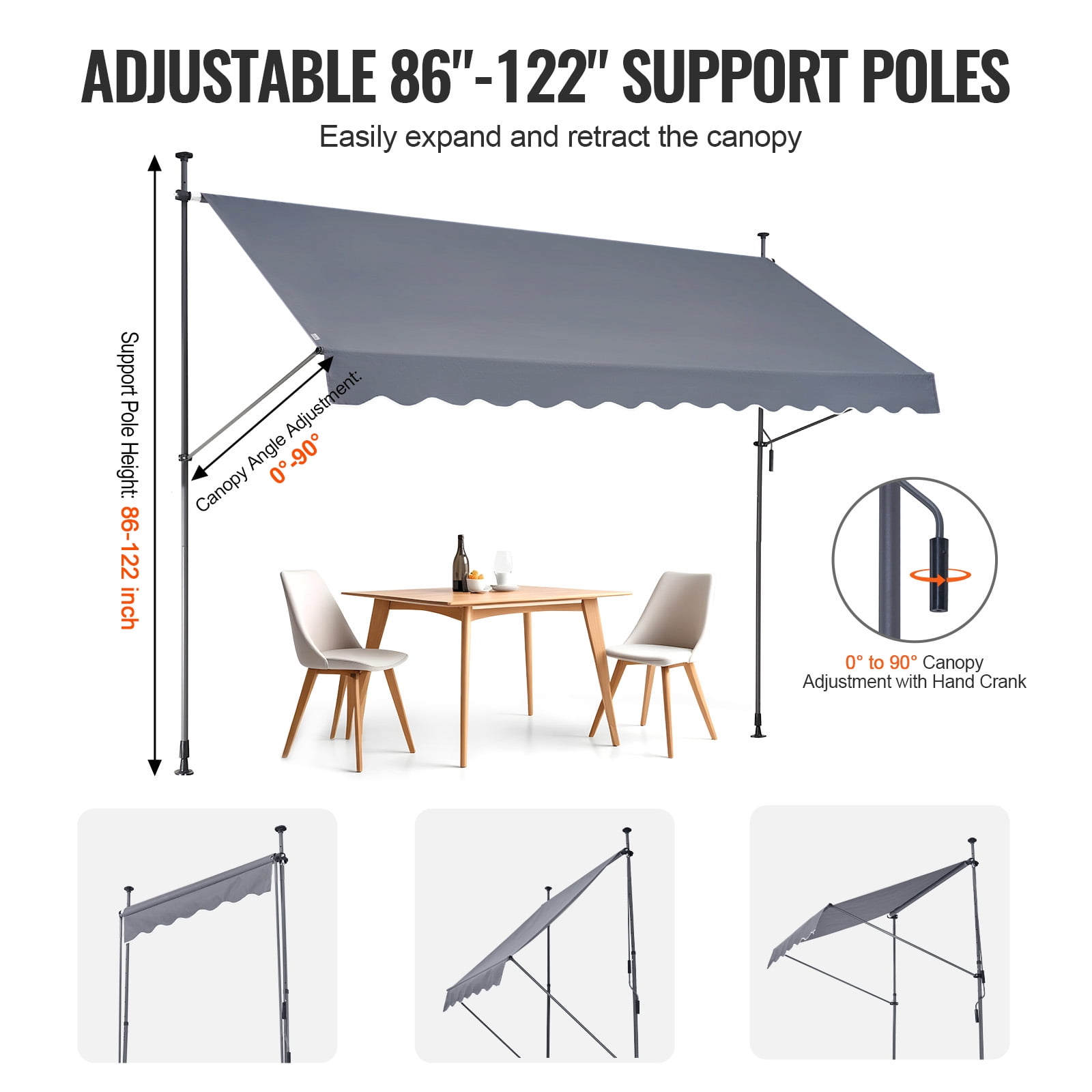 KFFKFF 138 x 47" Outdoor Retractable Awning, Manual Sunshade Canopy with Crank Handle, Height Adjustable 86 to 122 in, Ideal for Patio/Balcony/Yard, Dark Gray