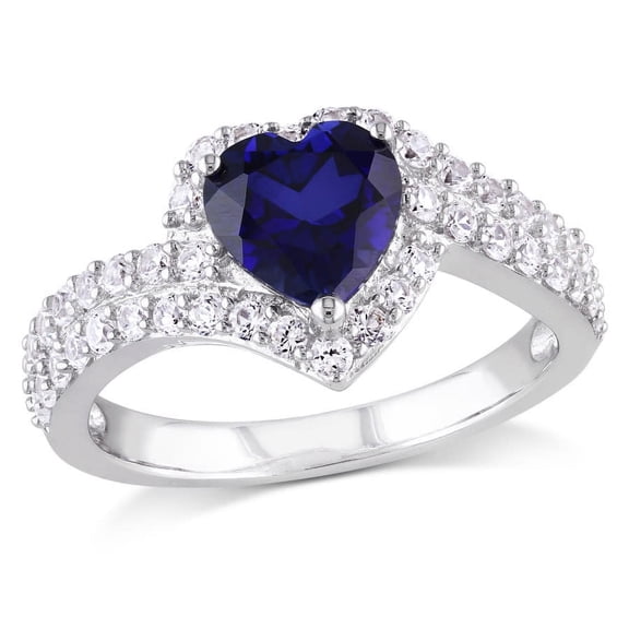 AMOUR Created Blue and Created White Sapphire Heart Halo Double Row Ring In Sterling Silver