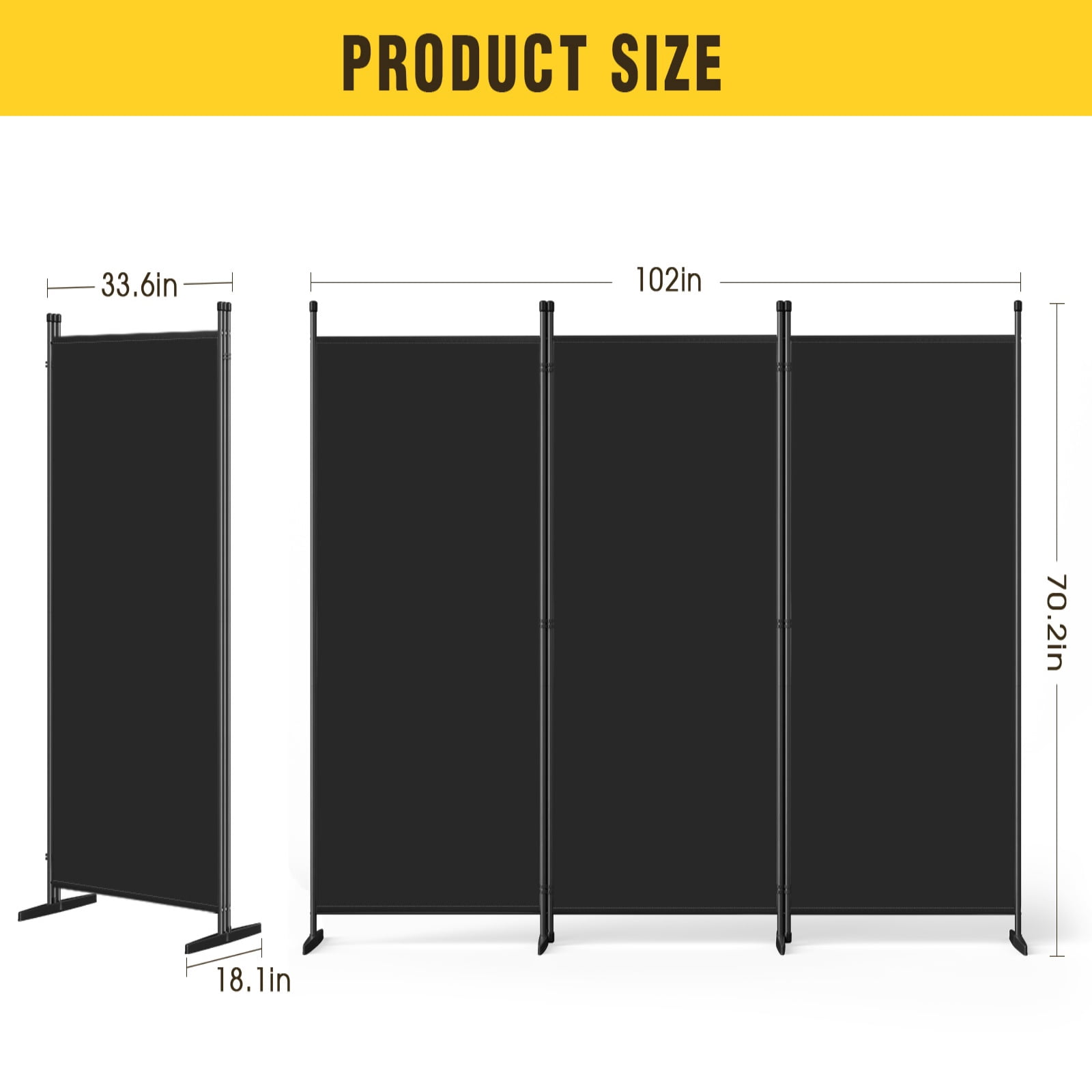 70''W x 102''H Modern Room Divider, Folding Privacy Screen with 3 Panels and Metal Standing, Portable Wall Partition for Home Office Separator, Black