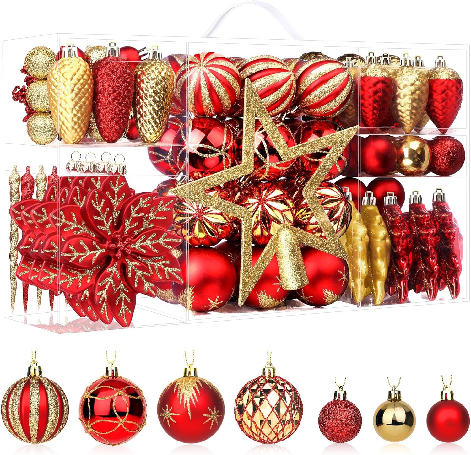 Alupssuc 106ct Christmas Balls Ornaments Set, Colorful Shatterproof Plastic Decorative Baubles for Xmas Tree Decor, Red & Gold