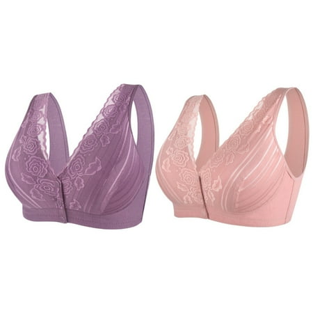 

Pretty Comy 2 Pack Lace Bras for Women Wide Shoulder Straps Vest Bra Front Button Seamless Wirefree Bra Push Up Lingerie