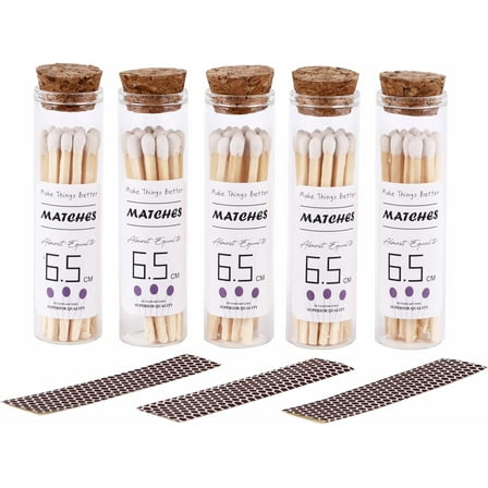 2.55"/6.5cm White matches Included with Match Holder (5 Count), 5 Pcs matches Bottles with Candle Matches in a Jar, Long Fireplace for Grill Fireplace BBQ, Long Wooden Matchsticks for Custimize Event