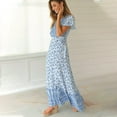 thumbnail image 5 of Wycnly Formal Dresses for Women Beach Vintage Bohemian High Split Flowy Swing Long Sundress for Vacation V-Neck Short Sleeve Floral Print 2025 Summer Maxi Dress Sky Blue m, 5 of 6