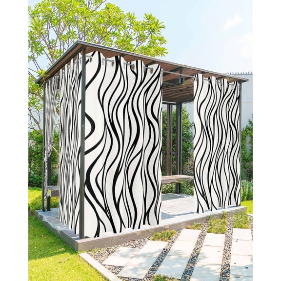 nqOlkjepod Outdoor Curtains for Patio Waterproof, Beige Black Stripe Outdoor Privacy Panels Grommet, Abstract Art Vertical Wave Lines Blackout Outside Curtains for Porch/Cabana 54"x108", 2 Panels