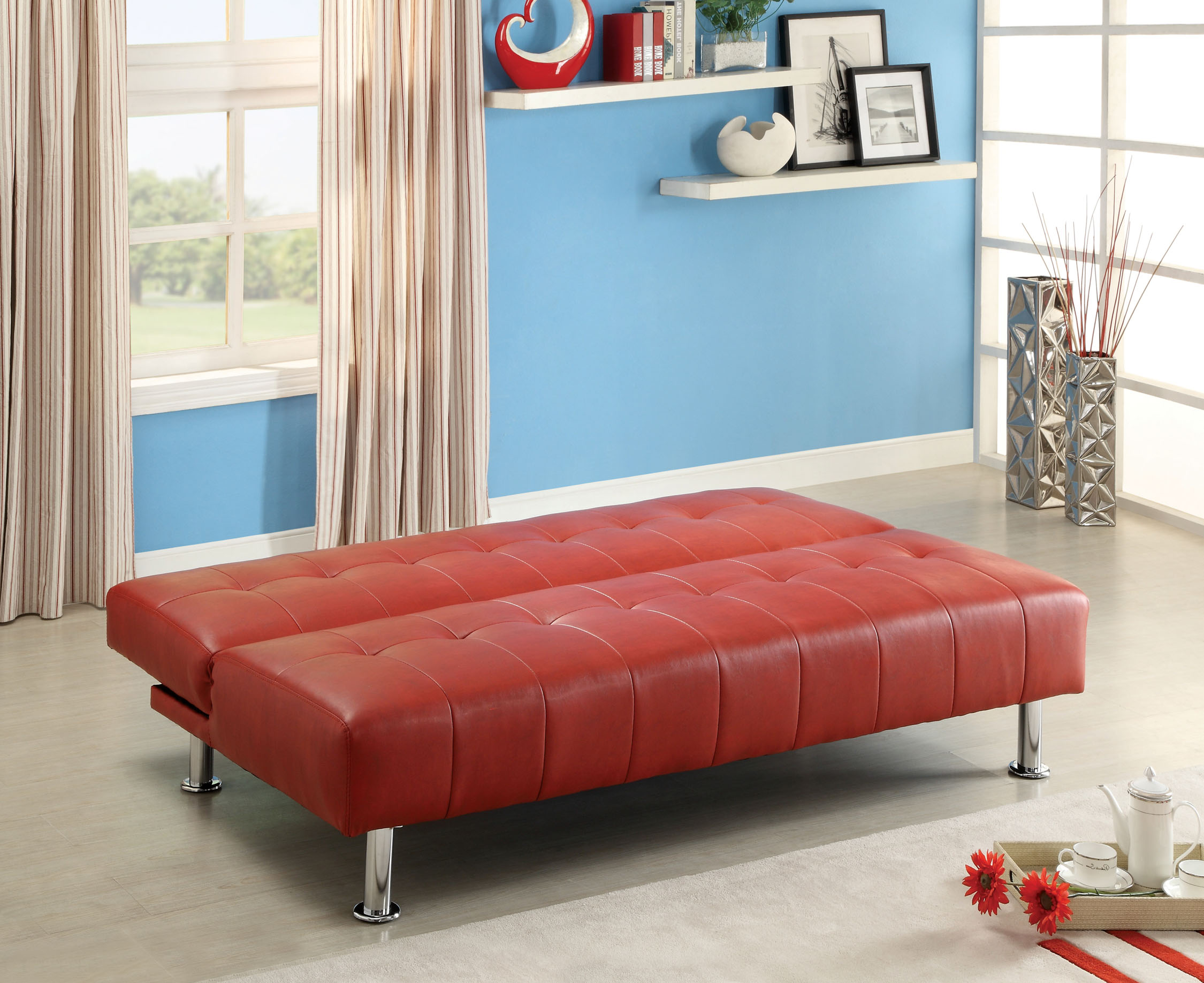 Bastina Faux Leather Tufted Convertible Futon Sofa, Red