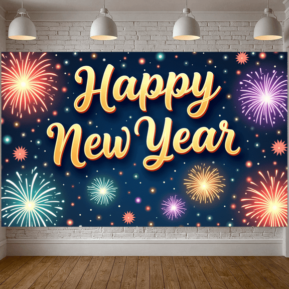 Balloon Design Happy New Year Banner Gift Box Glitter Decor Festive Backdrop for Holiday Party Event Celebration
