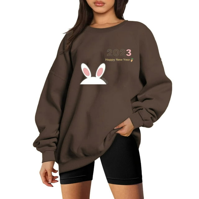 Amzcrzy Chandails en Molleton pour Femmes Manches Longues Chemises pour Femmes Mode Classique Décontractée du Nouvel An Chandail Col Rond Manches Longues Sans Capuche Chandail Ample Chandails en Molleton pour Femmes 2TG