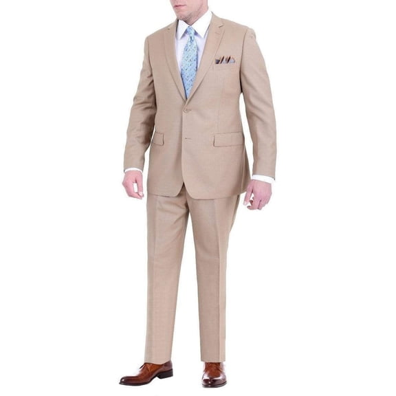 Men's Regular Fit Tan Light Brown Two Button 2 Piece 100% Wool Suit