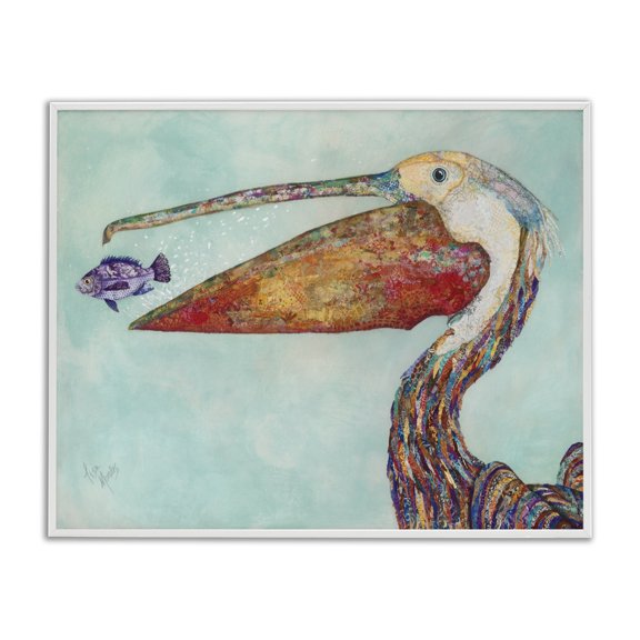 Stupell Industries Coastal Pelican with Purple Fish White Framed Giclee Art, 14 x 11, by Lisa Morales