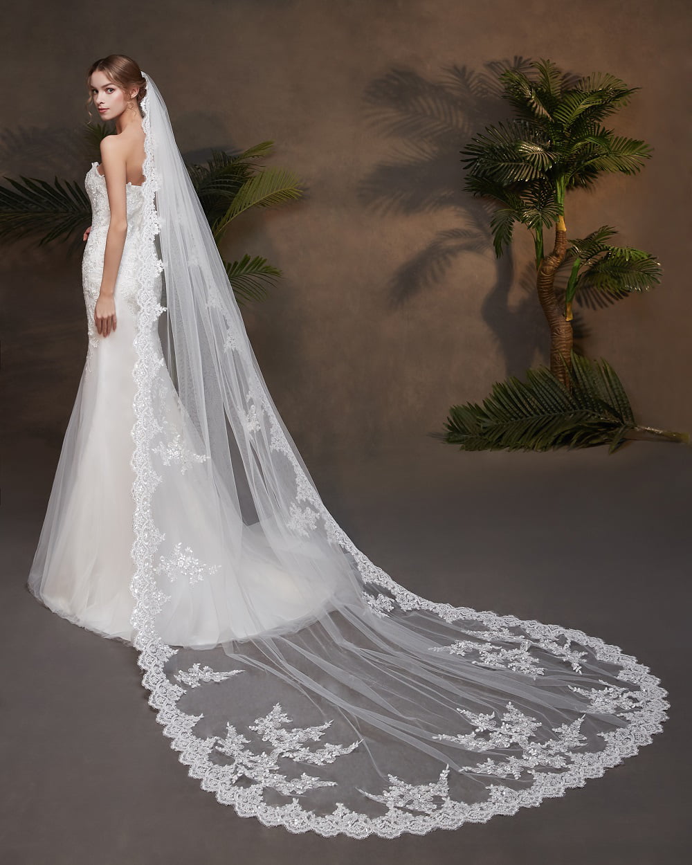 EllieHouse Women's Wedding Veils 1 Tier White Ivory 3m/4m/5m Lace Long Train Bridal Veil with Comb S114