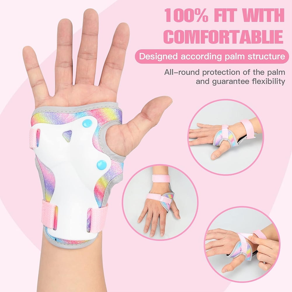Rainbow Unicorn Knee Pads for Kids Knee Elbow Pads Wrist Guards with Drawstring Bag Adjustable Protective Gear Set for Girls Boys Roller Skating Bike Cycling Skateboard Scooter Shiny Medium