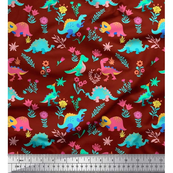 Soimoi Red Cotton Duck Fabric Aster Flower & Dinosaur Kids Decor Fabric Printed Yard 56 Inch Wide