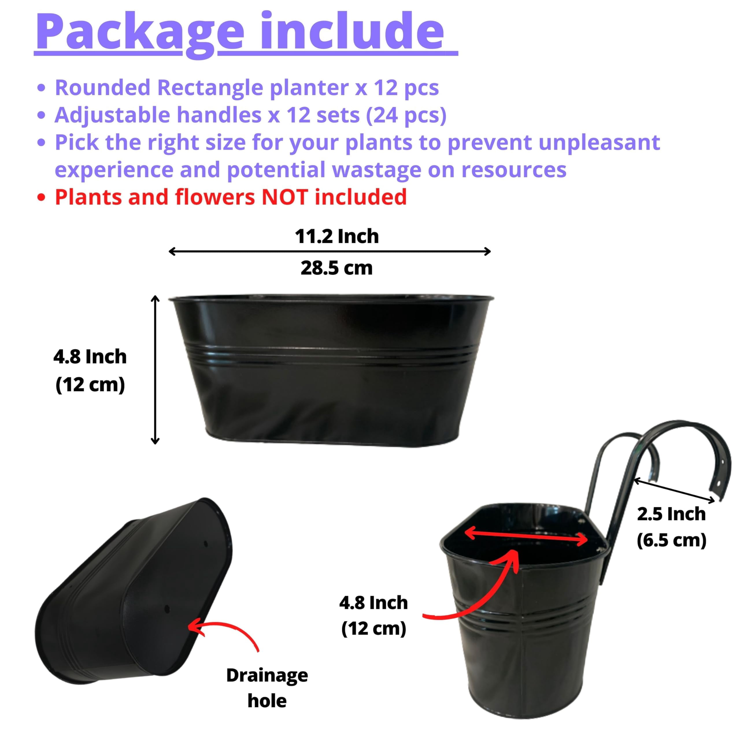 Outdoor Railing Planter 2 Pack 11.2 Inch Black Metal Hanging Flower Pots Deck Rail Fence Hanging Bucket Modern Window Box Plant Holder with Hooks Porch Decor