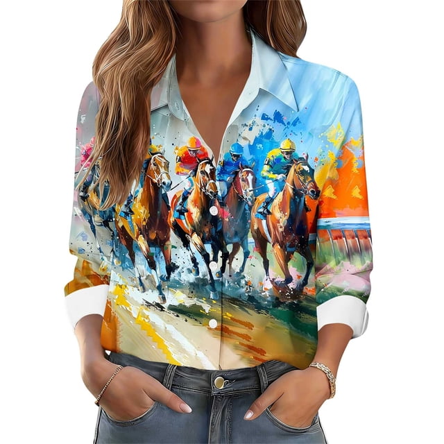 TaTaai Women Long Sleeve Collared Printed Shirt Casual Button Down Blouse Ladies Weekend Outdoor Vacation Wear Soft Comfortable Non See Through Versatile Stylish Top Gift