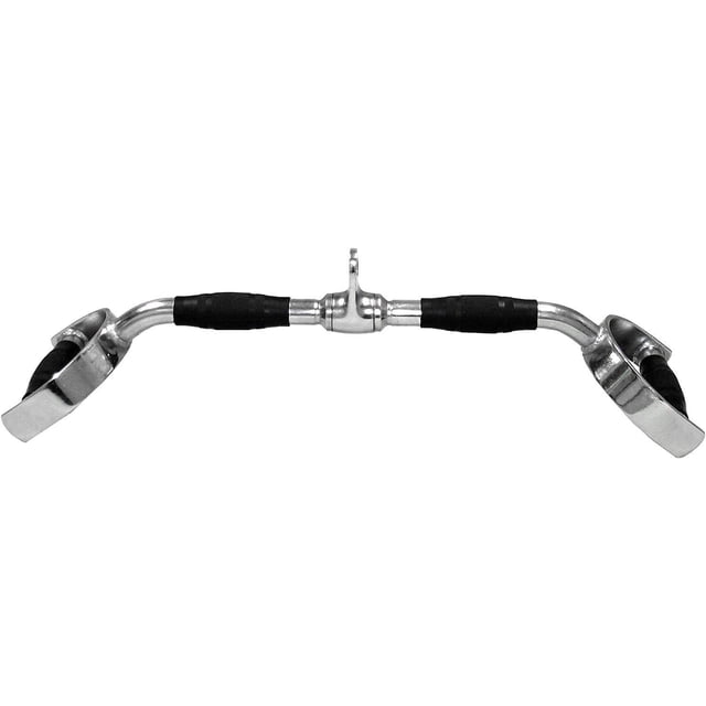 agarre maneral barra polea alta urbanfit pro plateado barra recta de acero profesional con empuñaduras de goma negras y moleteado, accesorio giratorio central y extremos angulados para agarre múltiple, diseñada para aislar músculos dorsales y trabajar bíceps y tríceps; también suele usarse como agarre auxiliar para cargas en poleas durante rutinas en casa.