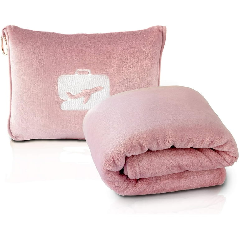 Kosmiko Travel Blanket and Pillow Premium Soft 2 in 1 Airplane Blanket with Soft Bag Pillowcase Size 65 x 40 Pink