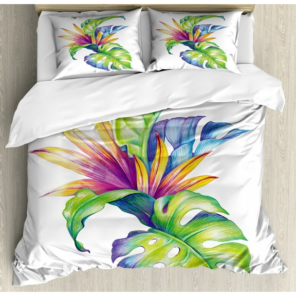 Plant Duvet Cover Set, Tropical Leaves and Monstera Abstract Color Scheme Hawaiian Floral Elements, Decorative 3 Piece Bedding Set with 2 Pillow Shams, California King, White Green, by Ambesonne