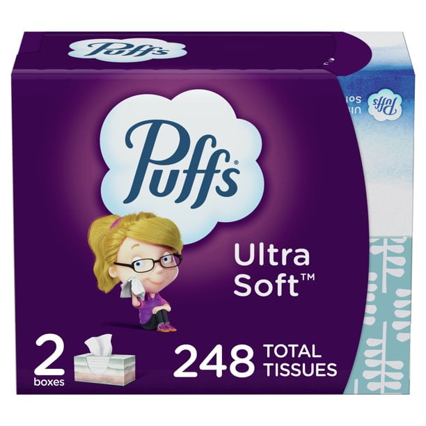 Puffs Ultra Soft Non-Lotion Facial Tissues, 2 Family Boxes, 124 Tissues per Box