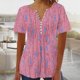 thumbnail image 2 of Tops de Algodón para las Mujeres Impreso en V-Cuello Botón Arriba Manga Corta Superior, Imitación Algodón Casual Blusa, 2 of 3