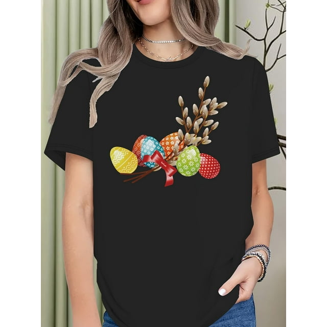 Women's Easter Egg & Bunny Graphic T-Shirt - Casual Crew Neck, Short Sleeve, Stretchy Polyester Blend, Machine Washable, Spring/Summer Collection, Festive Clothing|Round Neckline Top|Nontransparent M