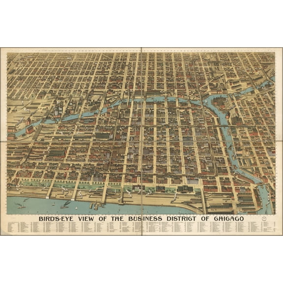 24"x36" Gallery Poster, birdseye map of Chicago business district 1898