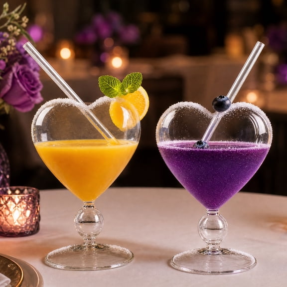 KGJQ Creative Heart-shaped Goblet with Straw, Personalized Glass Wine Juice Cup, Love Heart Stemware for Champagne Martini, Wedding Gift
