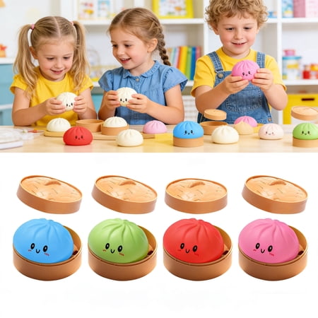 SOLTIX Giant Dumpling Squishy with Expression 4 Inch Dumpling Stress Ball with Steamer Rainbow Squishys Bun Soft Squeeze Decompression Dough for Stress Reduction and Alleviate Anxiety(3#Pink)