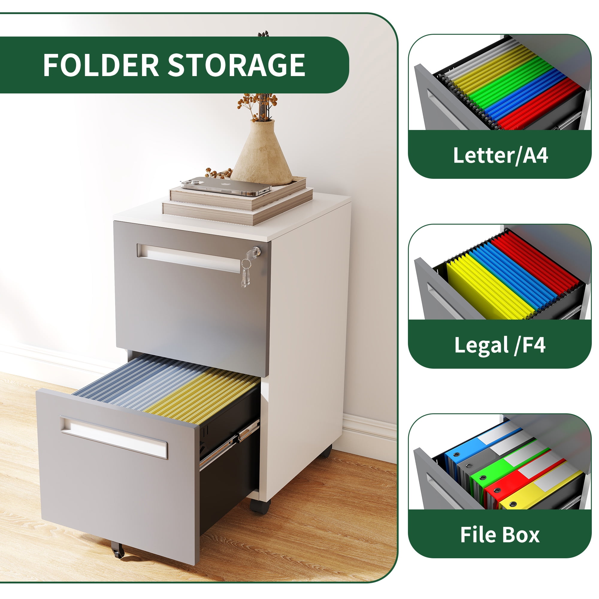 2-Drawer Mobile File Cabinet with Lock, All-Steel Metal Storage Cabinet on 360° Wheels, for Home Office & Commercial Use, Fully Assembled, Holds A4/Letter/Legal Files, 110lbs/Drawer Capacity