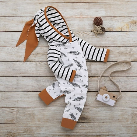 

RPVATI Baby Girls Infant Feather Printed Romper Striped Hooded Romper Long-Sleeve Winter Clothes 0M-24M
