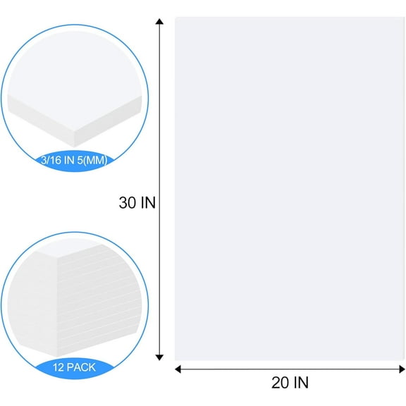 Tolanbbt 12 Pack White Foam Board, 20 x 30 x 3/16" Thick Foam Core Acid Free Poster Foamboard for Art Craft Projects, Painting, Displaying, Signage, Wedding, School