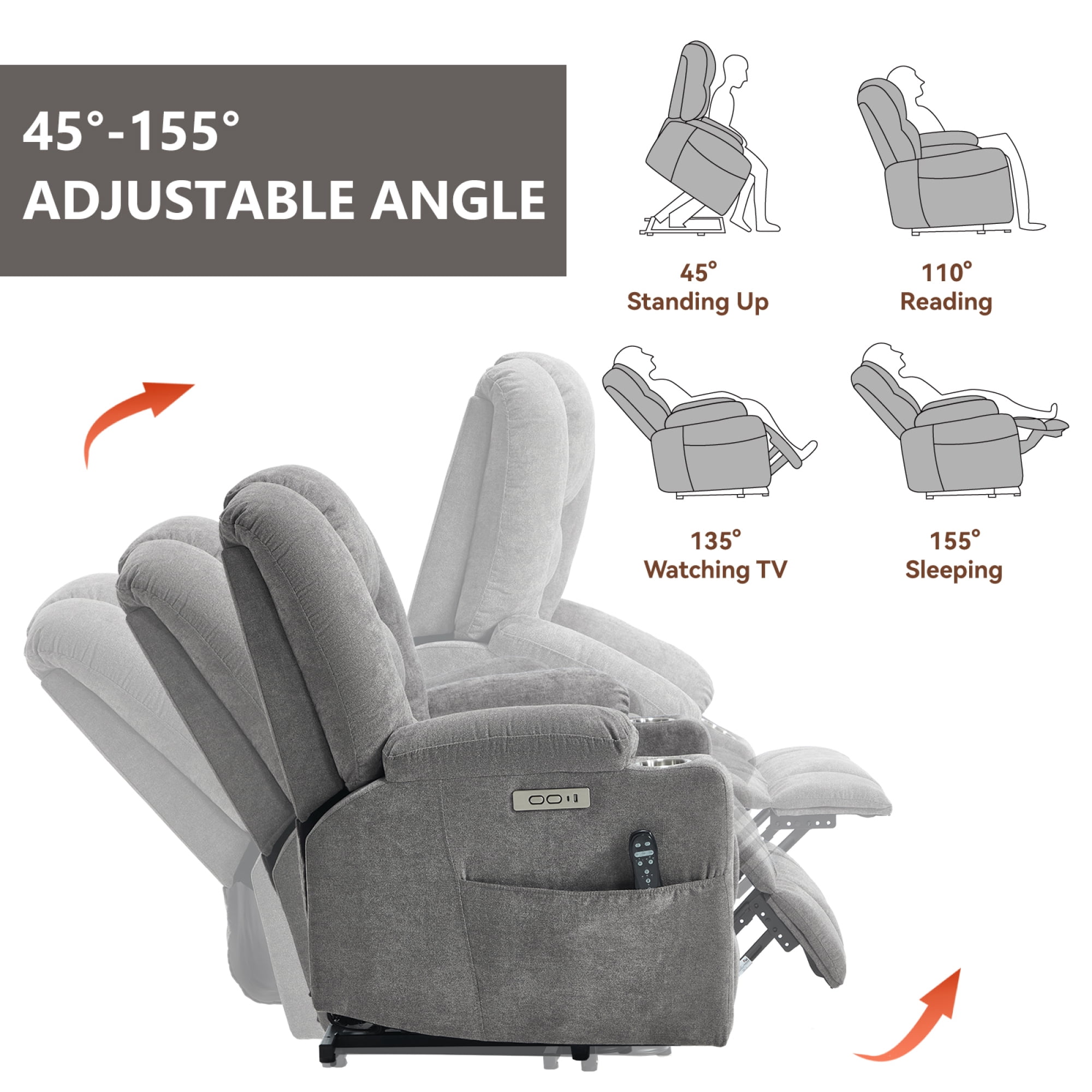 Leumius Large Power Lift Recliner Chair for Elderly,Heavy Duty Recliners with Vibration Massage and Lumbar Heating,Single Sofa with USB and Type C Ports, 2 Steel Cup Holders,Light Gray