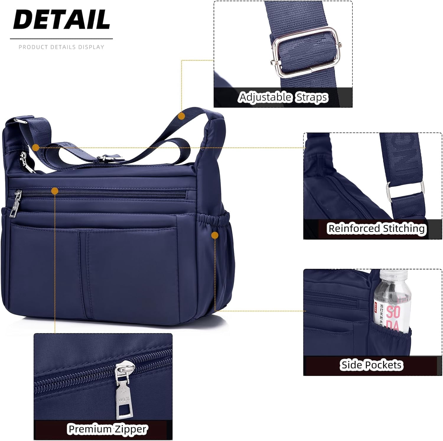 Women Shoulder Bag Multi-Pockets Handbag Water-Resistant Nylon Crossbody Bags Large Purses Lightweight Messenger Bag Black