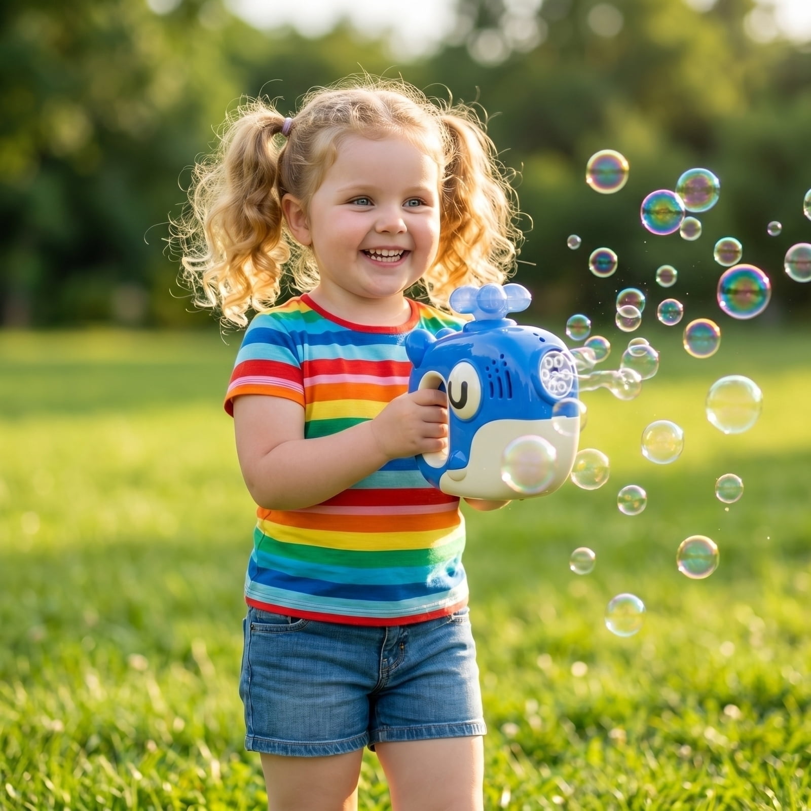 Cartoon Electric Bubble Blowing Machine with LED Lights and Music, Complete Set with Bubble Solution and USB Charging Cable for Outdoor Parties and Backyard Fun (Blue)