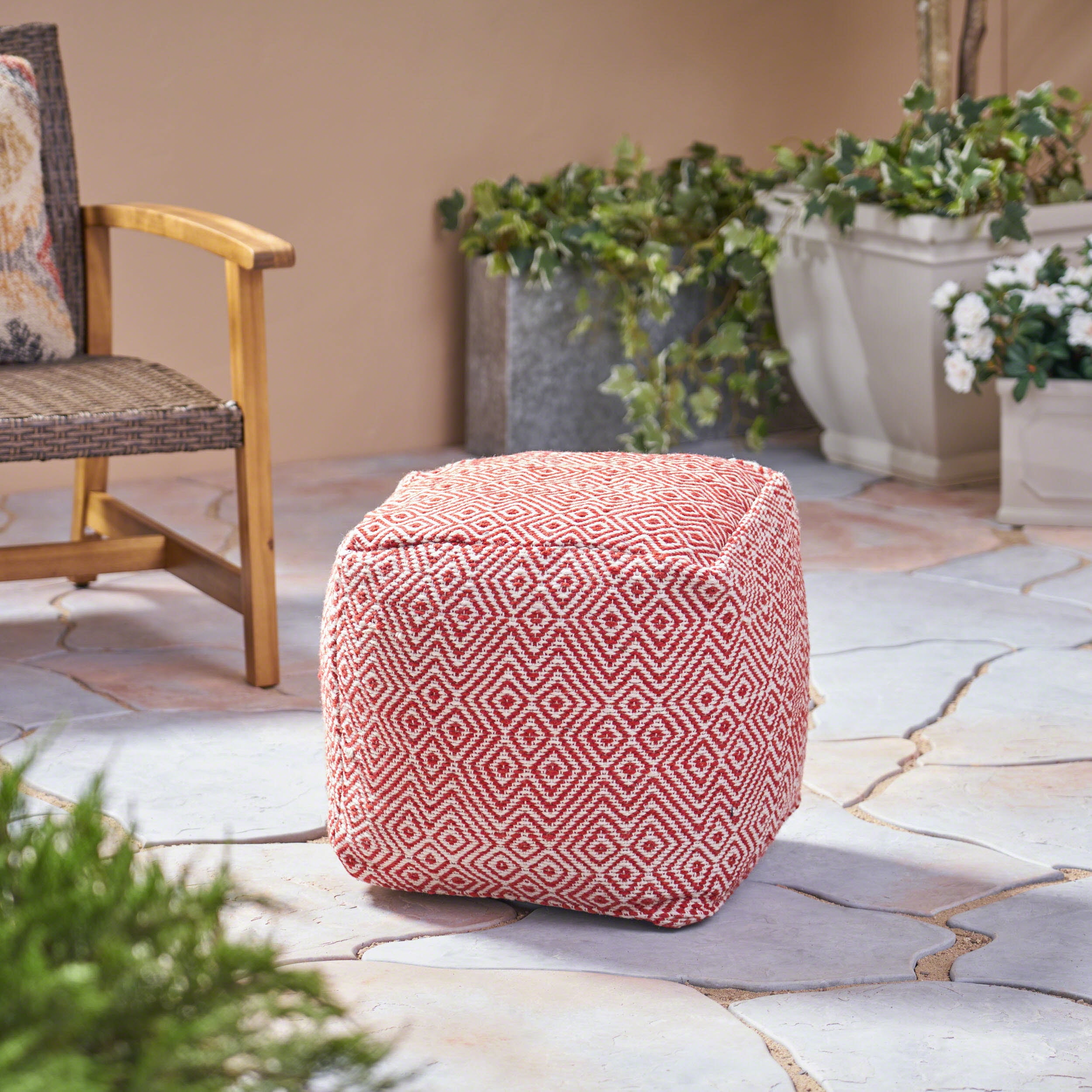 Noa Outdoor Handcrafted Boho WaterResistant Pouf, Ivory and Red